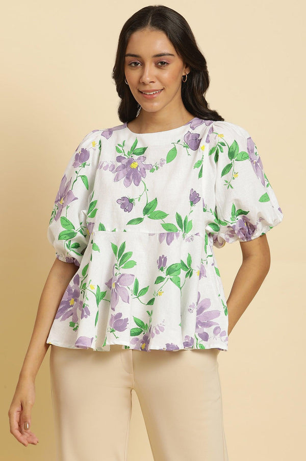 Ecru Floral Printed Peplum Top
