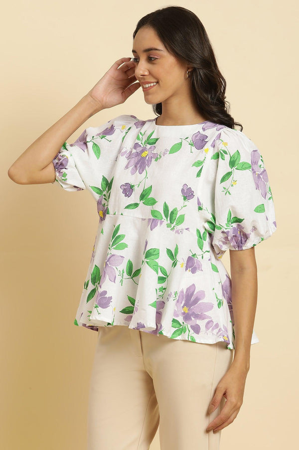 Ecru Floral Printed Peplum Top