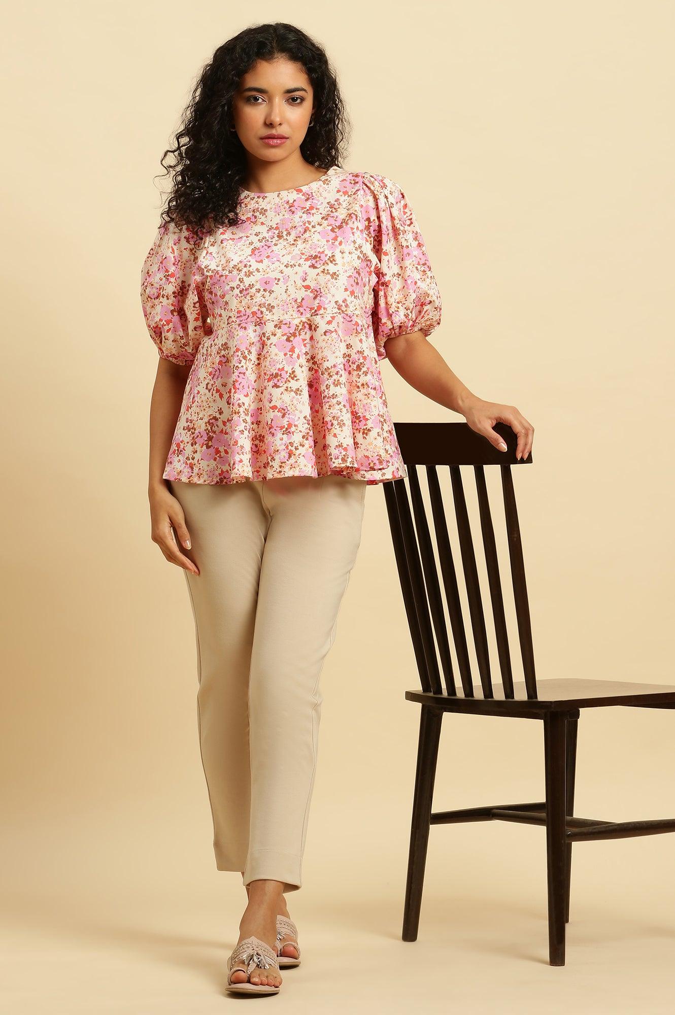 White And Pink Floral Printed Flared Top - wforwoman