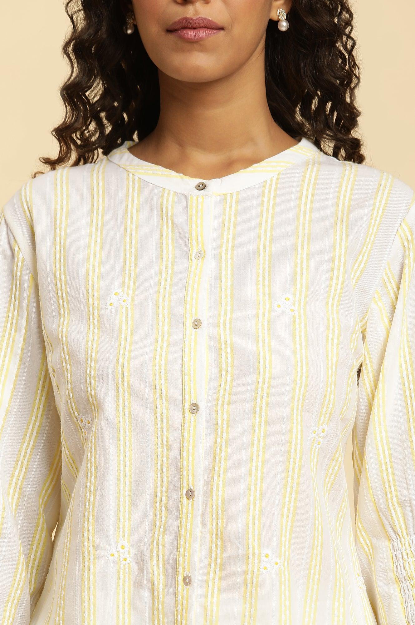 Ecru Stripe Printed Tunic With Floral Thread Embroidery - wforwoman
