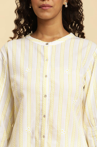 Ecru Stripe Printed Tunic With Floral Thread Embroidery - wforwoman