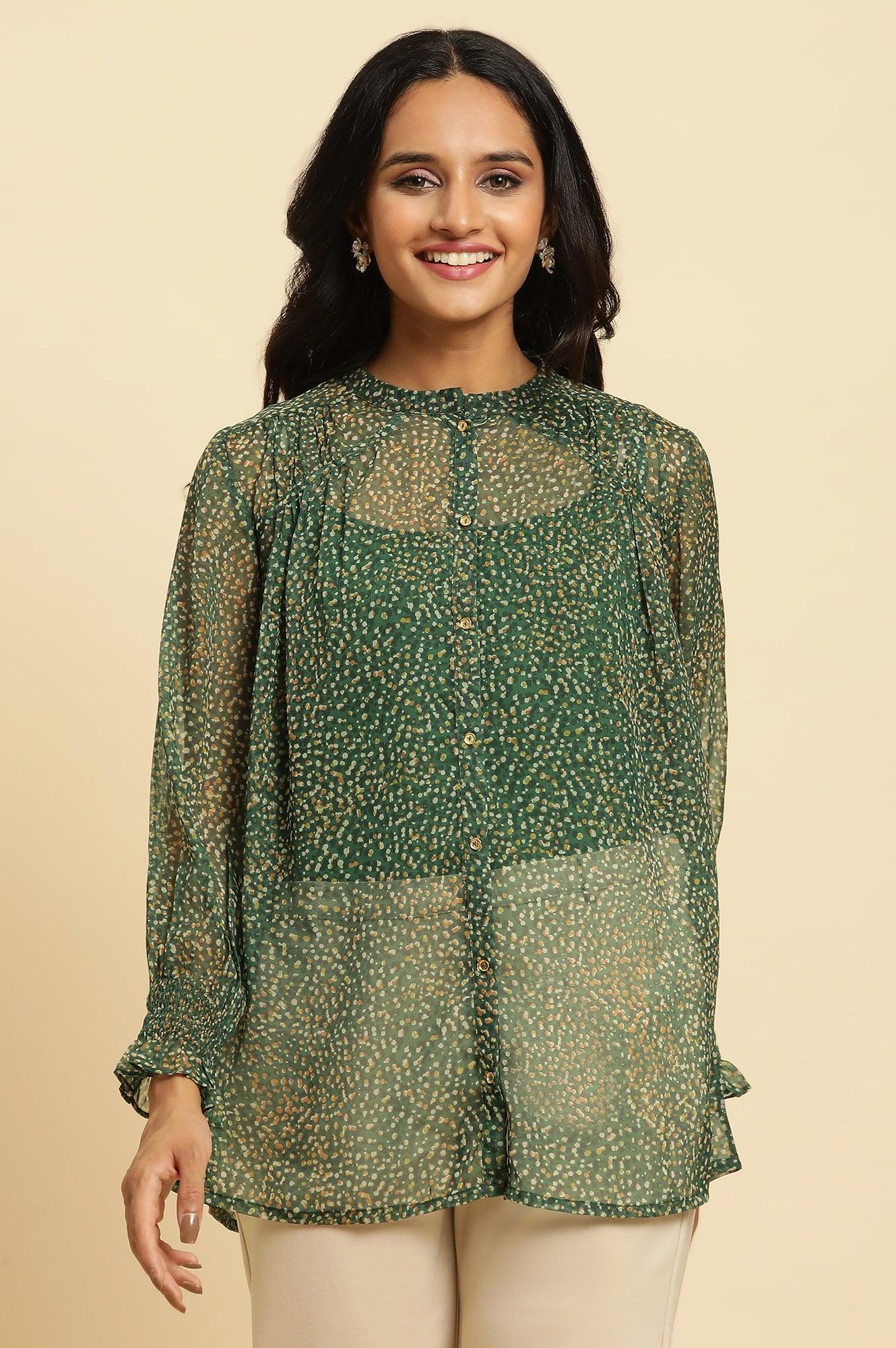 Dark Green Sheer Button Down Shirt - wforwoman