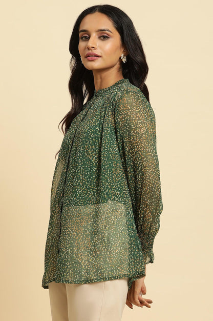 Dark Green Sheer Button Down Shirt - wforwoman