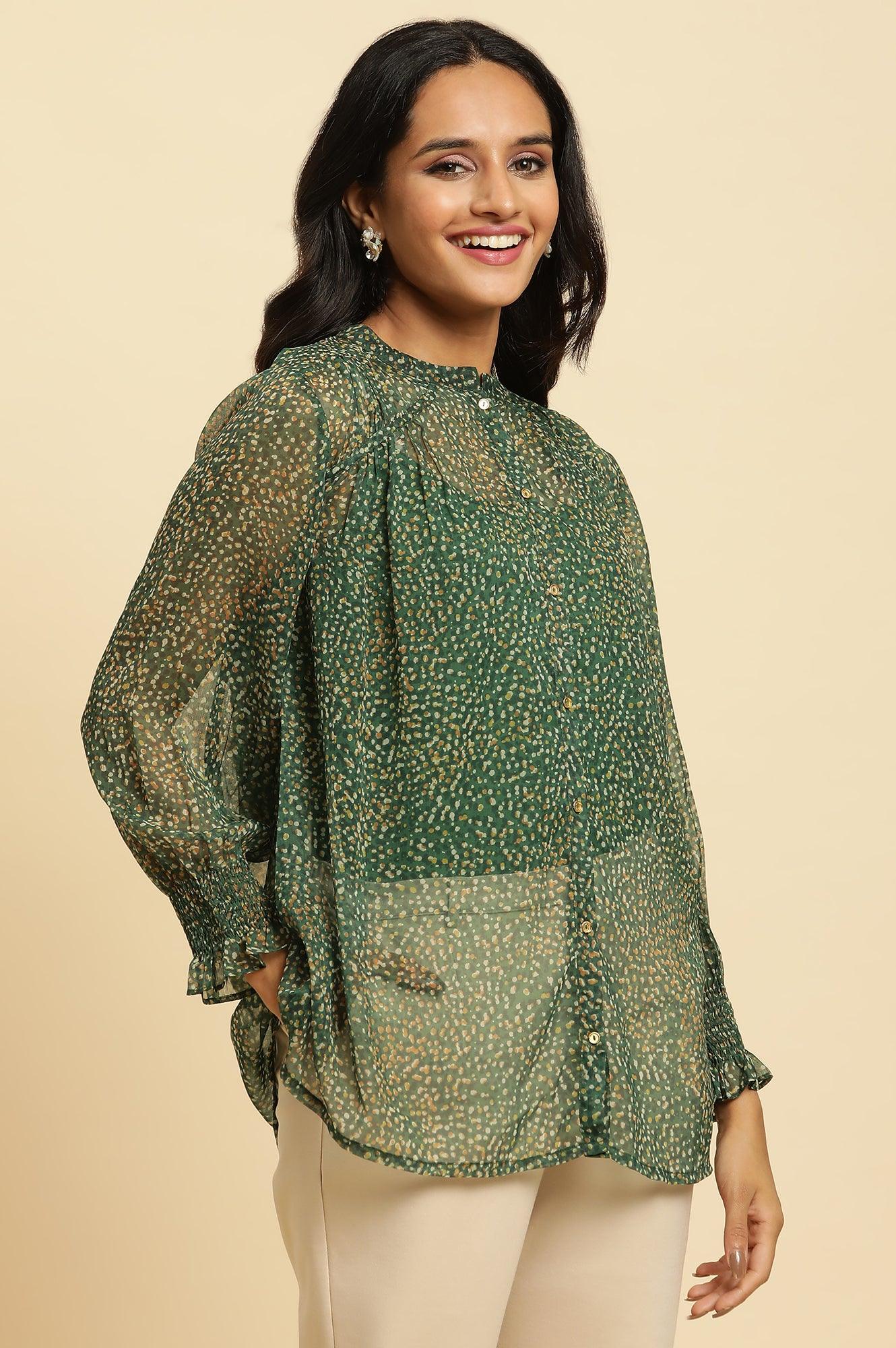 Dark Green Sheer Button Down Shirt - wforwoman