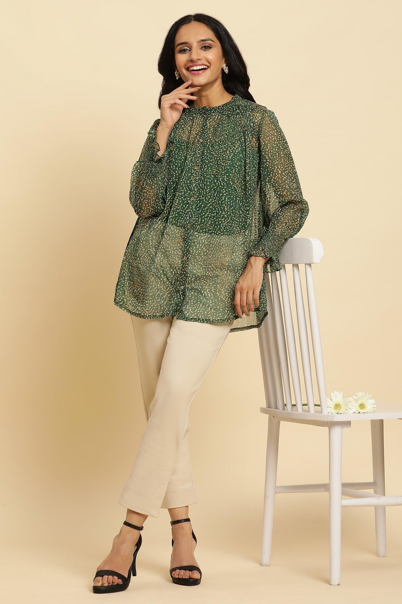 Dark Green Sheer Button Down Shirt - wforwoman