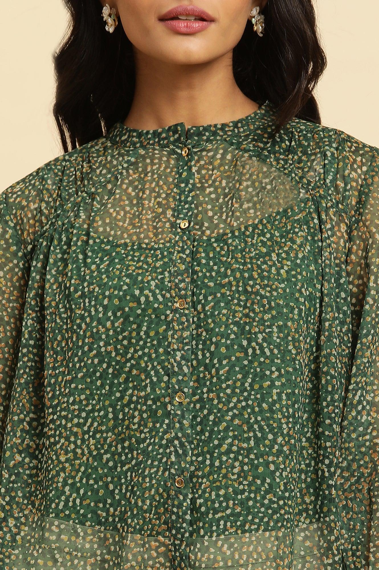 Dark Green Sheer Button Down Shirt - wforwoman