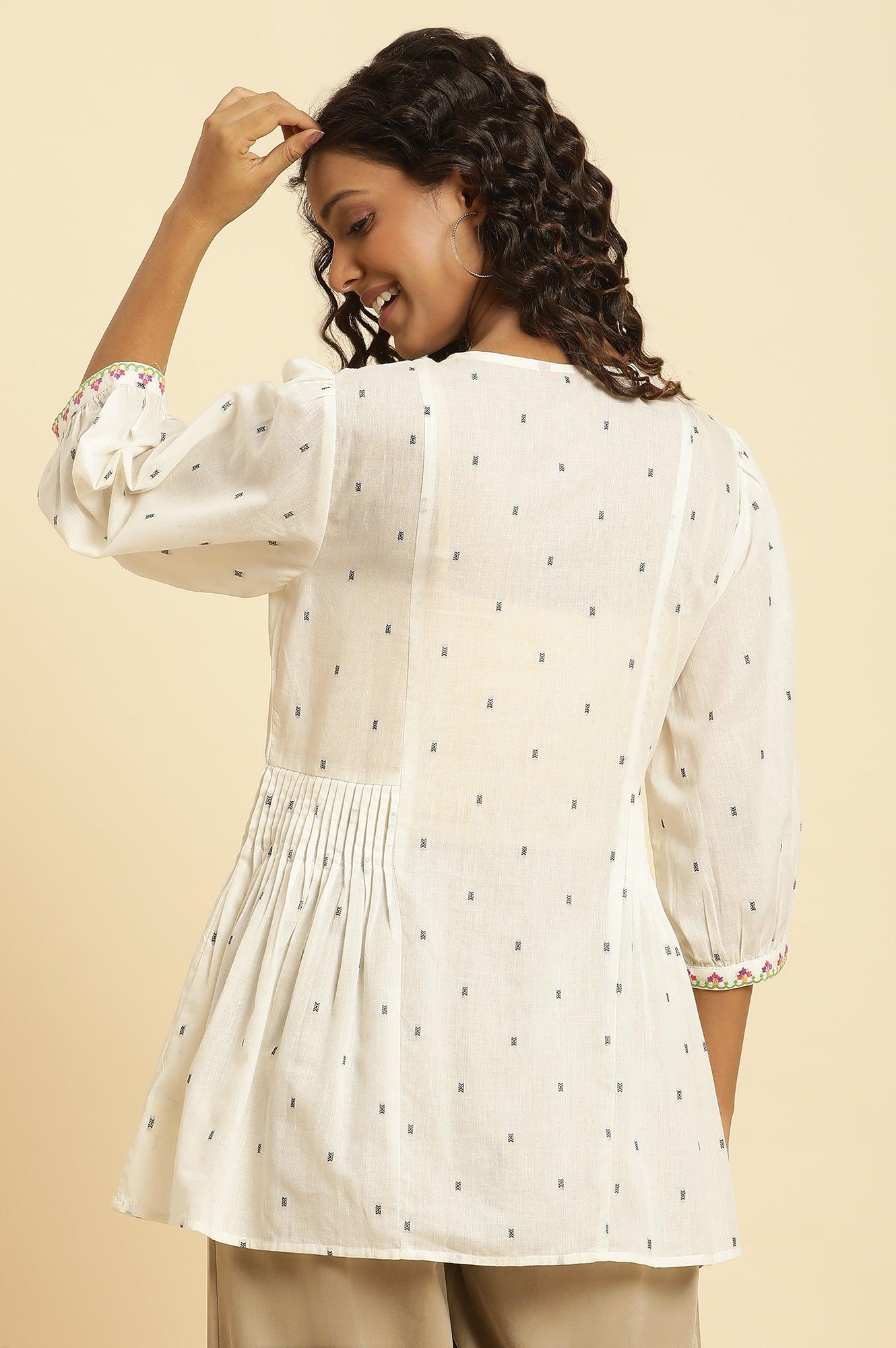 Buy Ecru Yarn Dye Embroidered Top With Pleats @ 2299 | W for woman