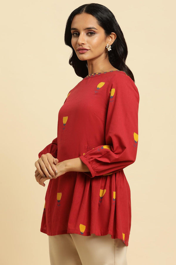 Red Yarn Dyed Smocked Peplum Top