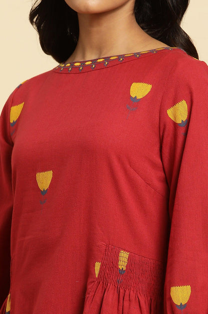 Red Yarn Dye Top With Smocking - wforwoman