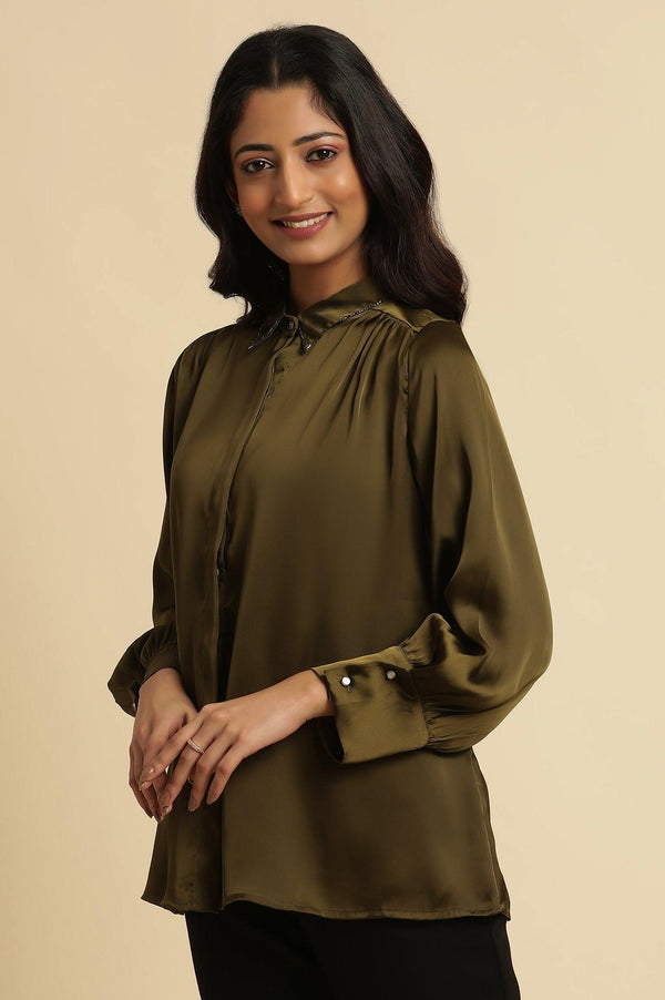 Olive Green Modal Satin Embellished Shirt