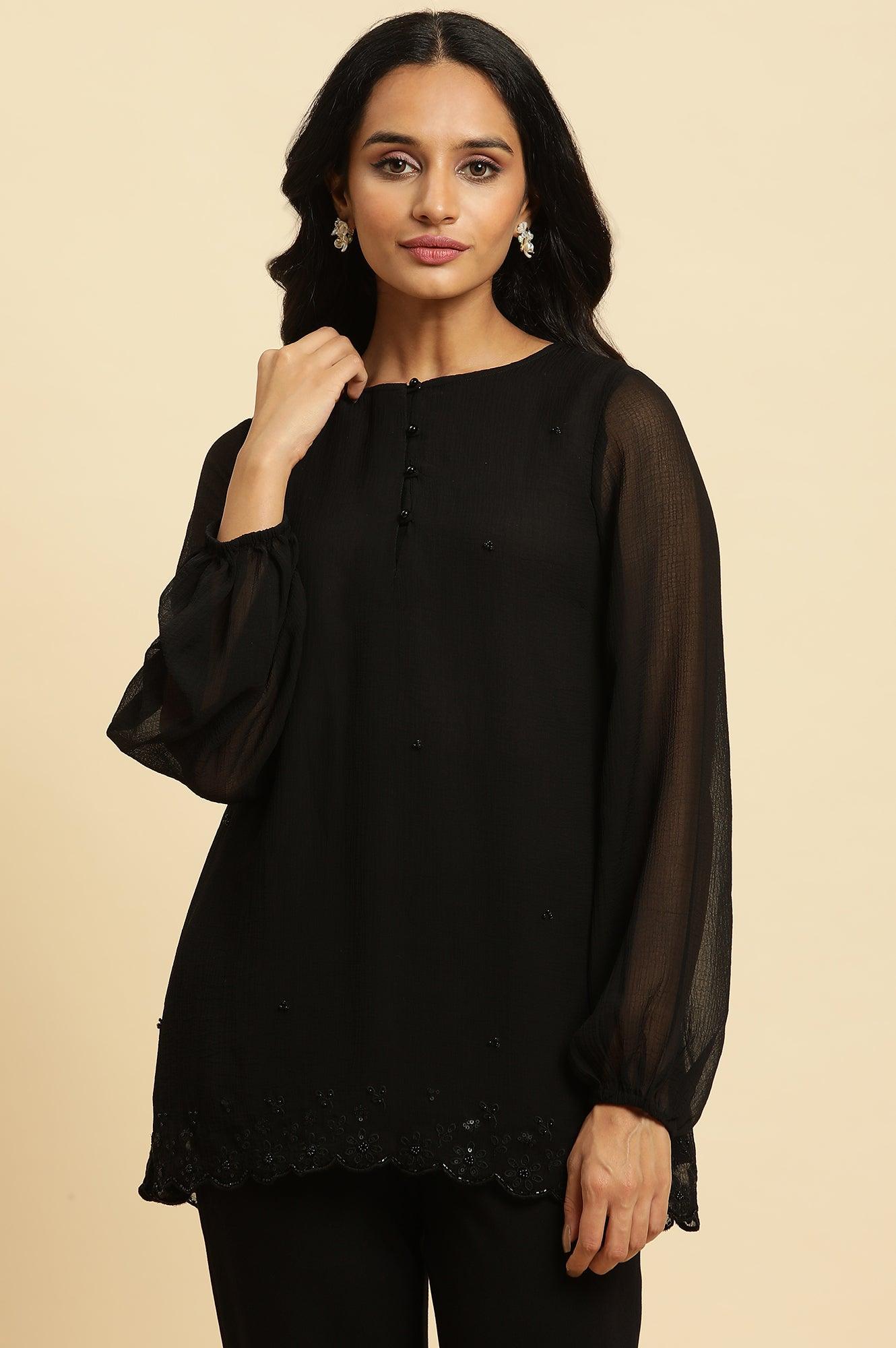 Black Scalloped Embellished Hemline Top - wforwoman