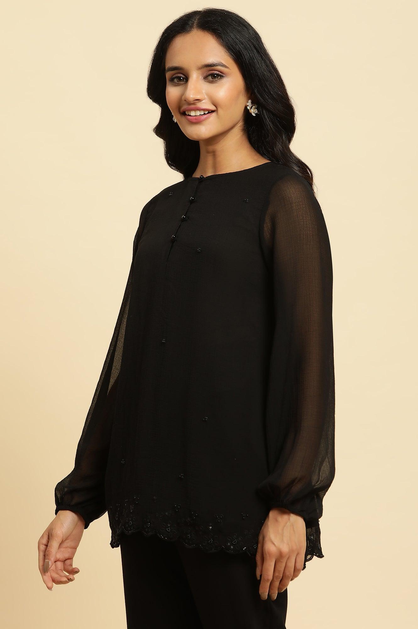 Black Scalloped Embellished Hemline Top - wforwoman