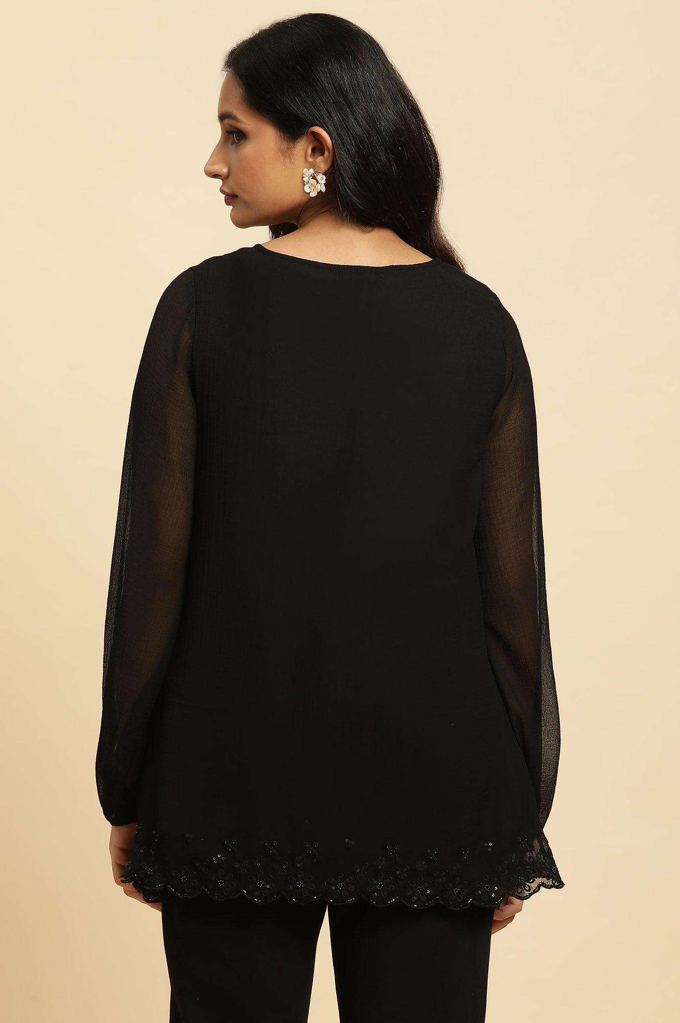 Black Scalloped Embellished Hemline Top - wforwoman