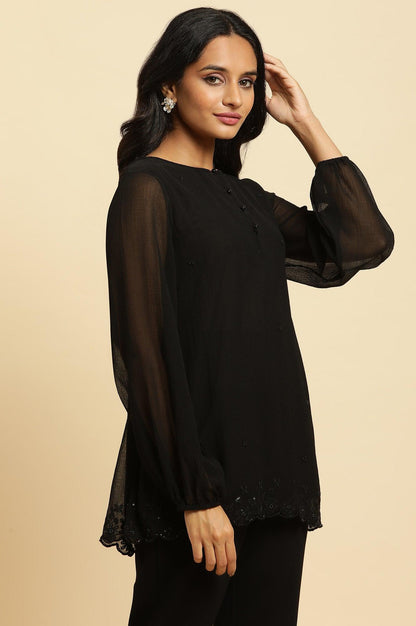 Black Scalloped Embellished Hemline Top - wforwoman