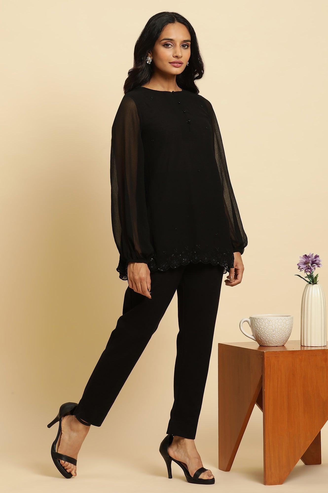 Black Scalloped Embellished Hemline Top - wforwoman