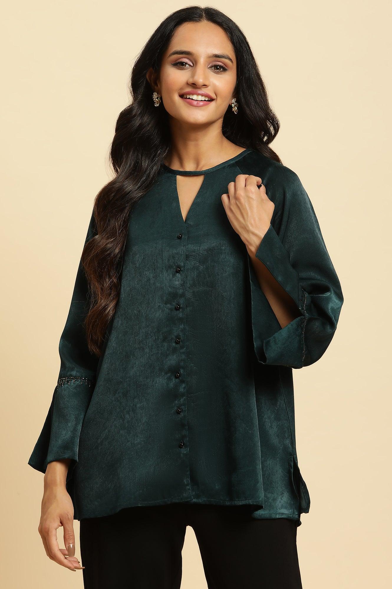 Green Neck Cutout Embellished Shirt - wforwoman