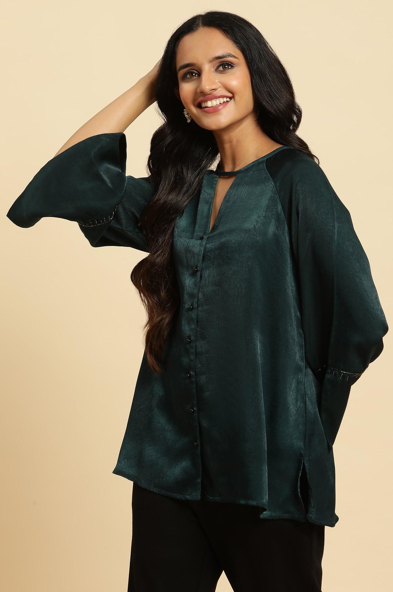 Green Neck Cutout Embellished Shirt - wforwoman