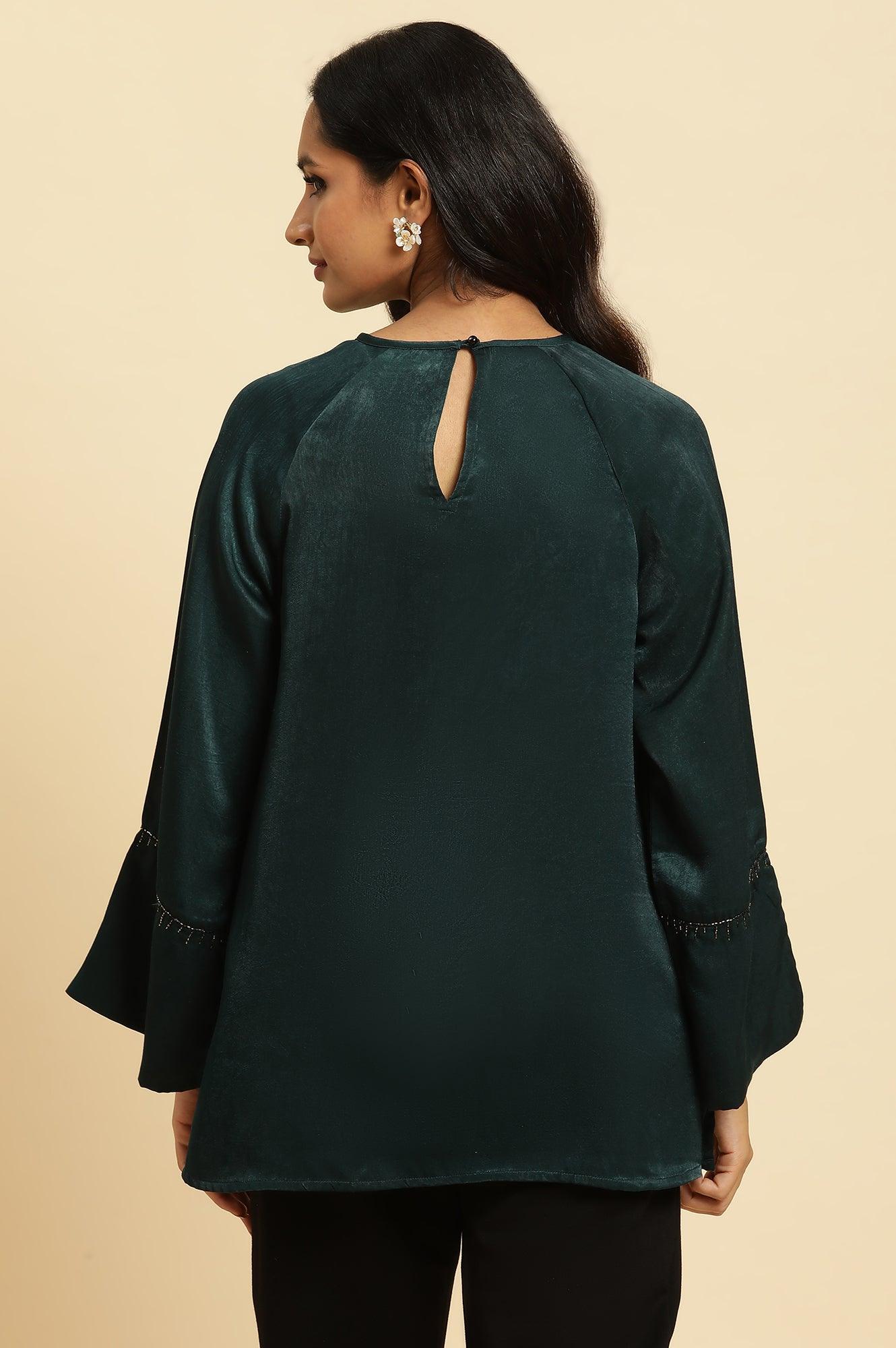 Green Neck Cutout Embellished Shirt - wforwoman