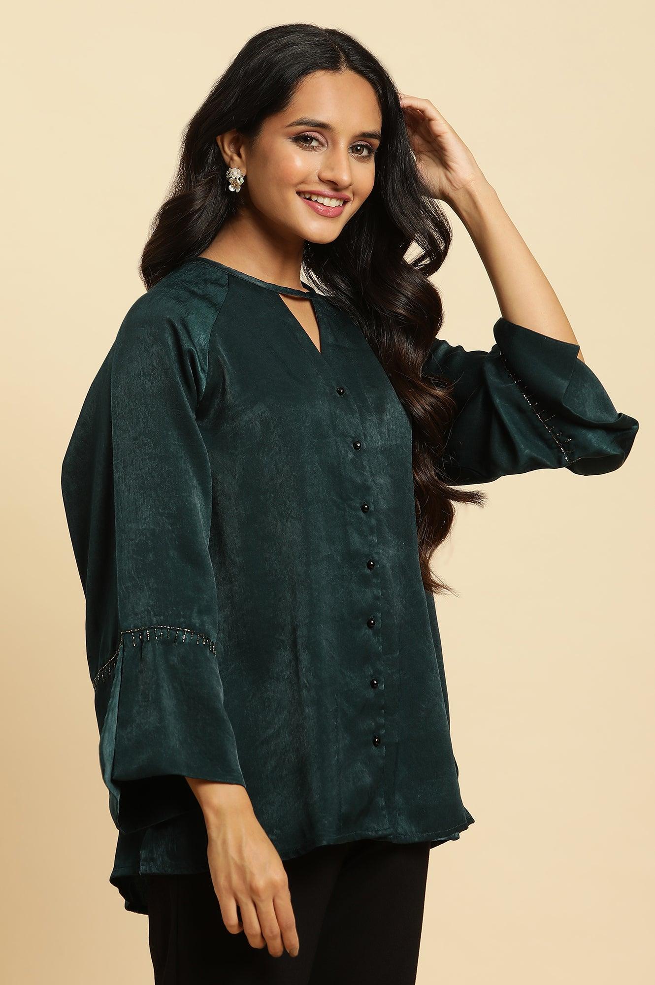 Green Neck Cutout Embellished Shirt - wforwoman