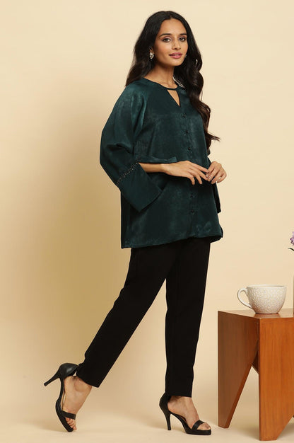 Green Neck Cutout Embellished Shirt - wforwoman