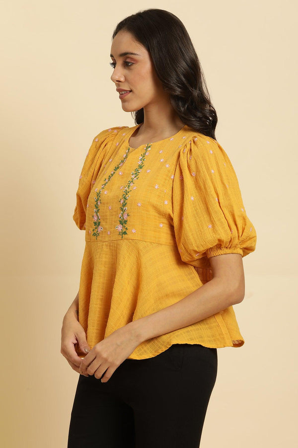 Yellow Peplum Top With Embroidered Yoke