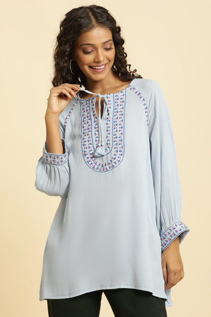 Powder Blue Top With Embroidered Yoke - wforwoman