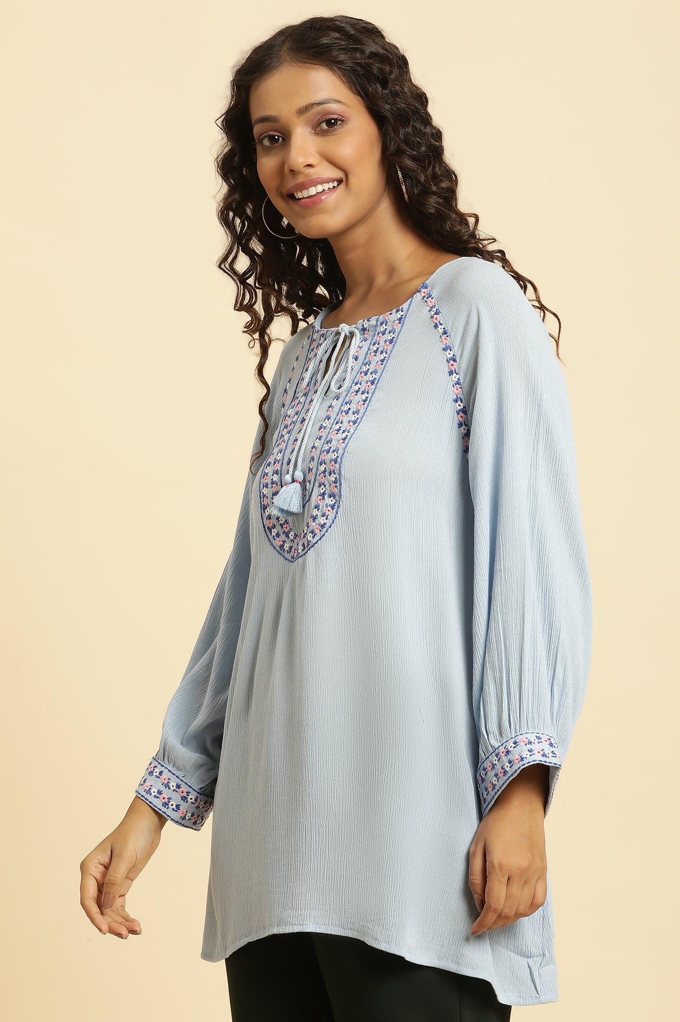 Powder Blue Top With Embroidered Yoke - wforwoman