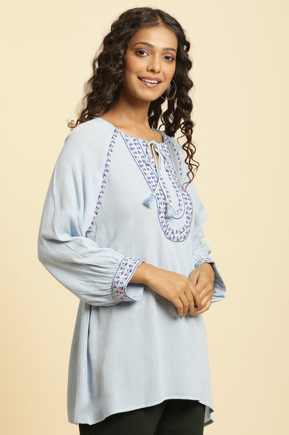 Powder Blue Top With Embroidered Yoke - wforwoman