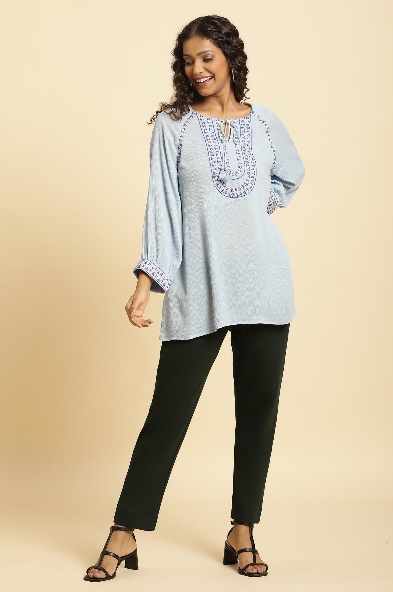 Powder Blue Top With Embroidered Yoke - wforwoman