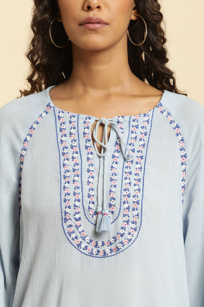 Powder Blue Top With Embroidered Yoke - wforwoman