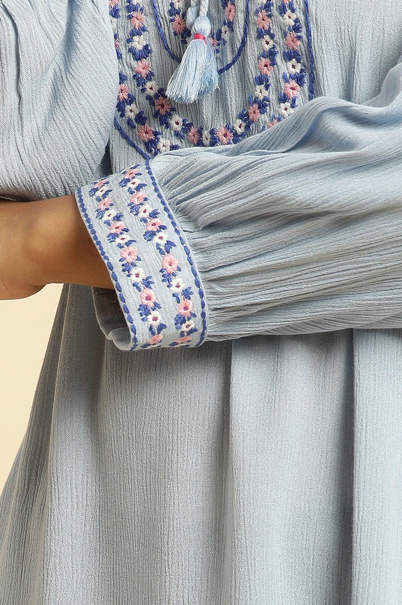 Powder Blue Top With Embroidered Yoke - wforwoman