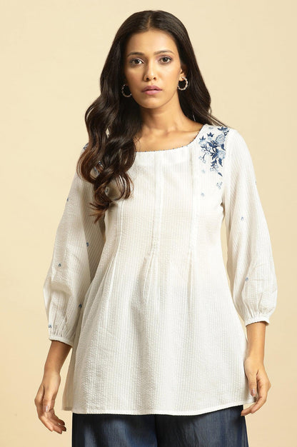 White Front Pleated Top With Embroidery - wforwoman