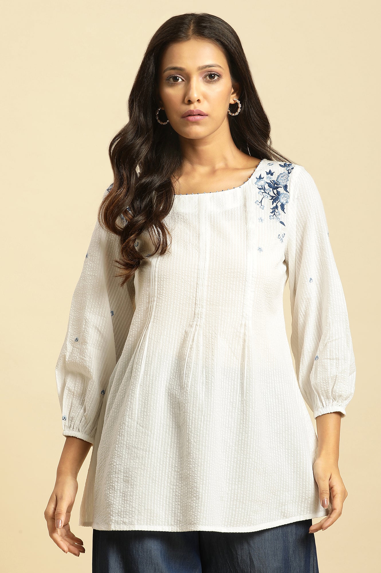 White Front Pleated Top With Embroidery - wforwoman