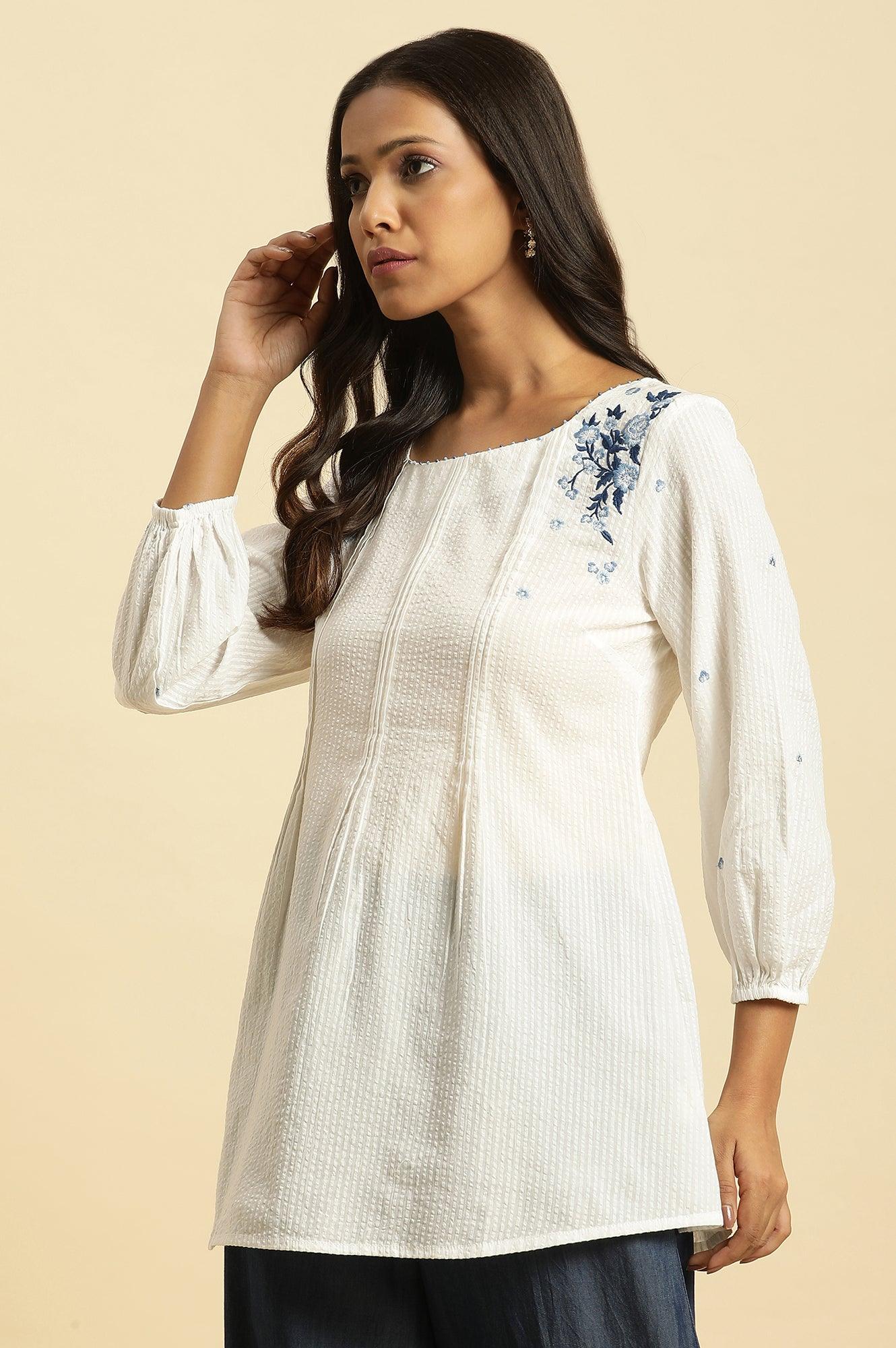 White Front Pleated Top With Embroidery - wforwoman