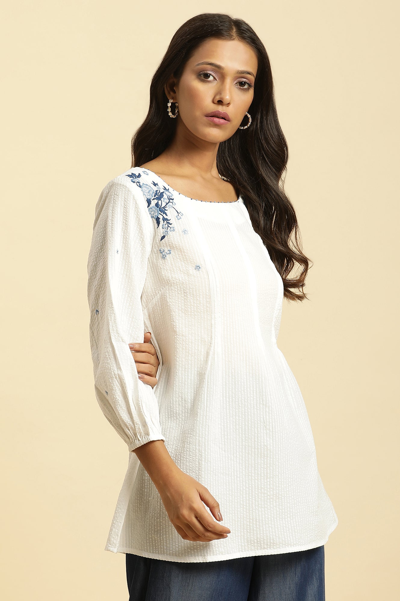 White Front Pleated Top With Embroidery - wforwoman