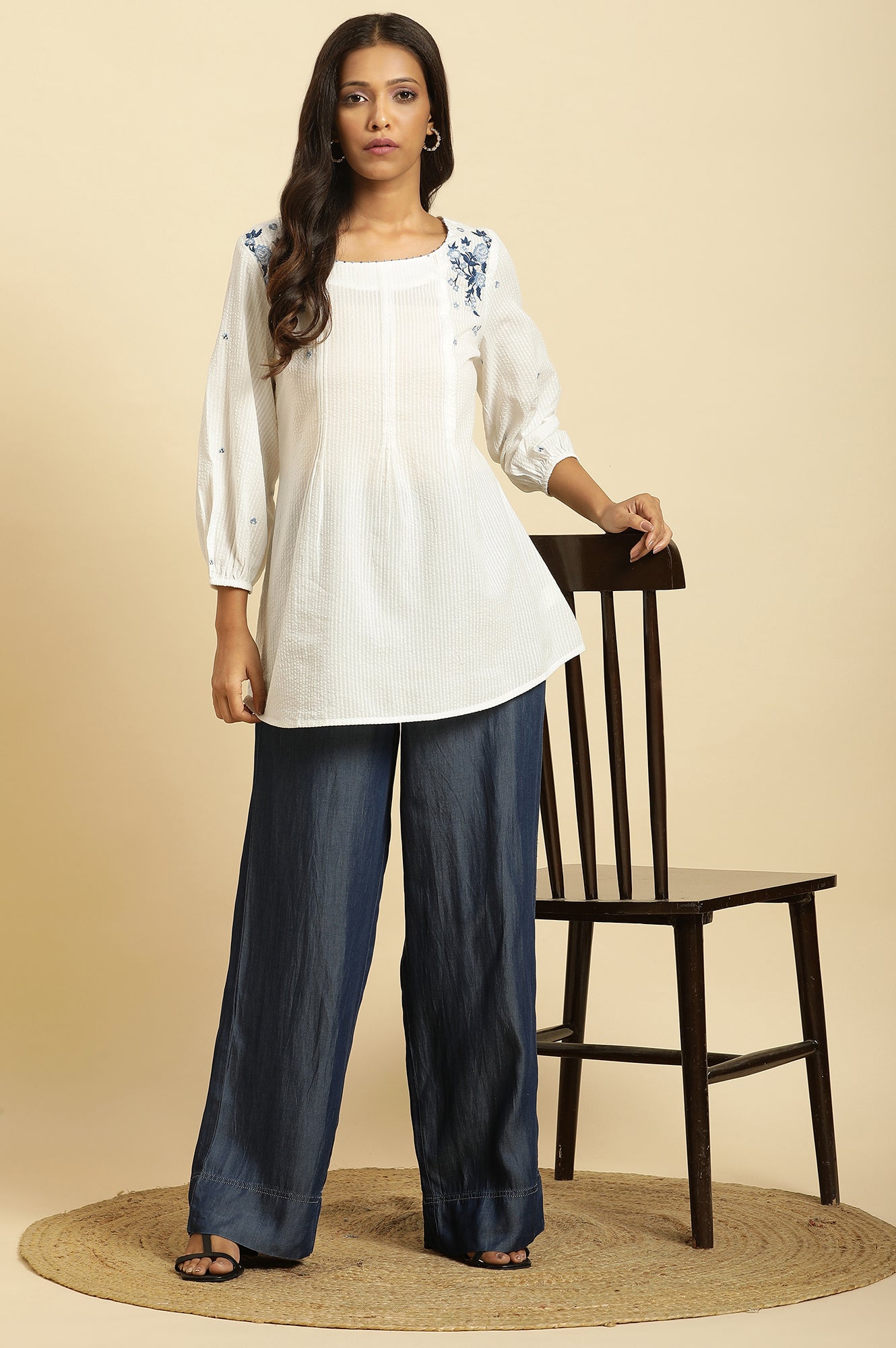 White Front Pleated Top With Embroidery - wforwoman