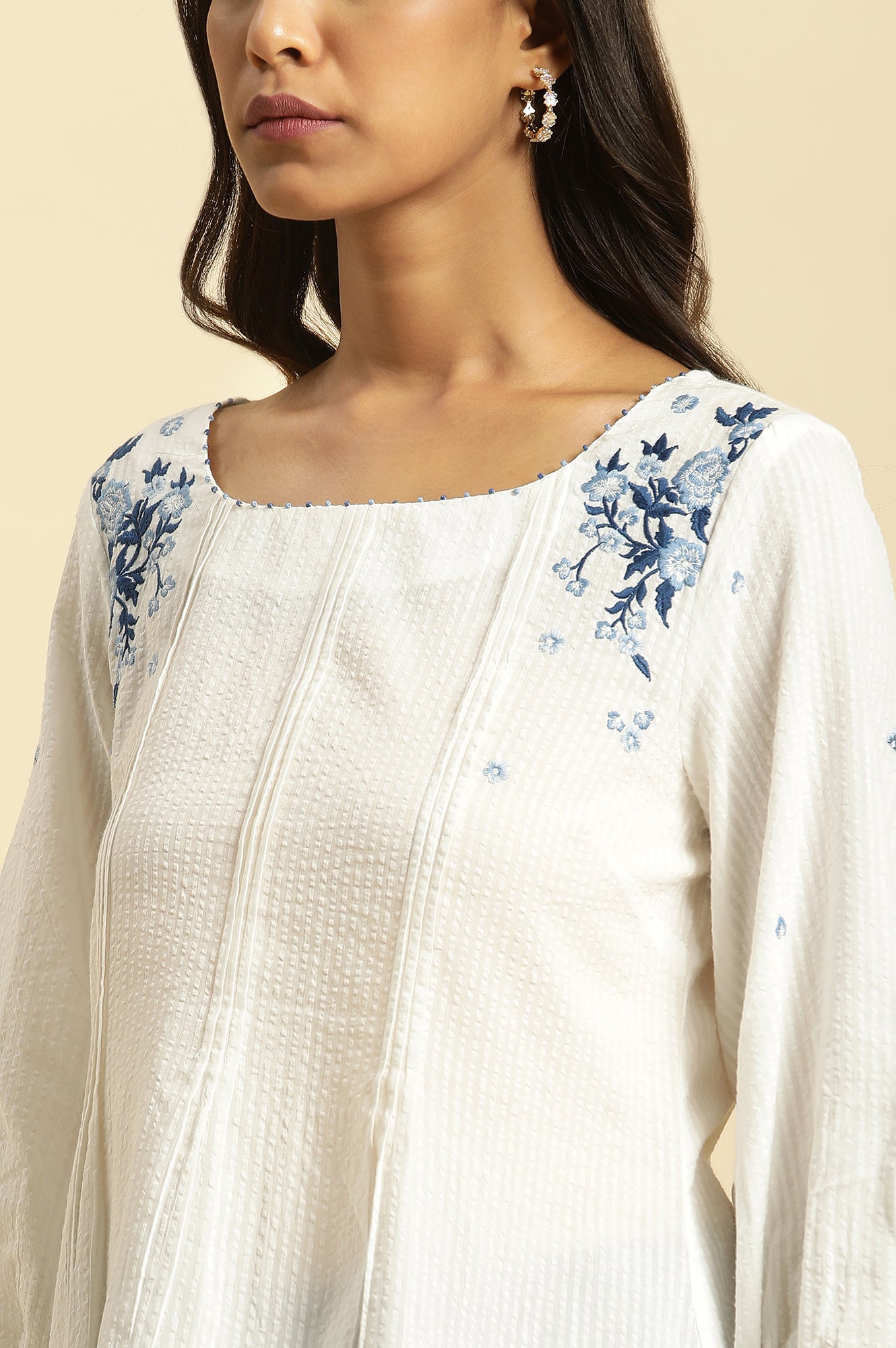 White Front Pleated Top With Embroidery - wforwoman