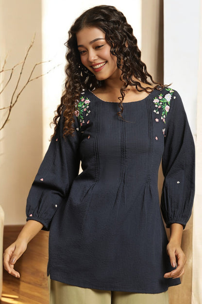 Navy Front Pleated Embroidered Pure Cotton Straight Top