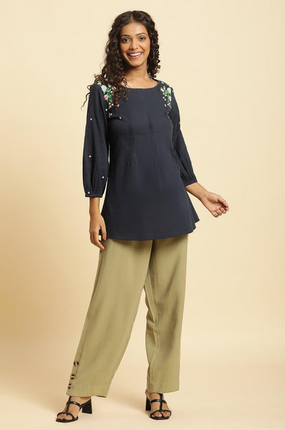 Navy Front Pleated Top With Embroidery - wforwoman