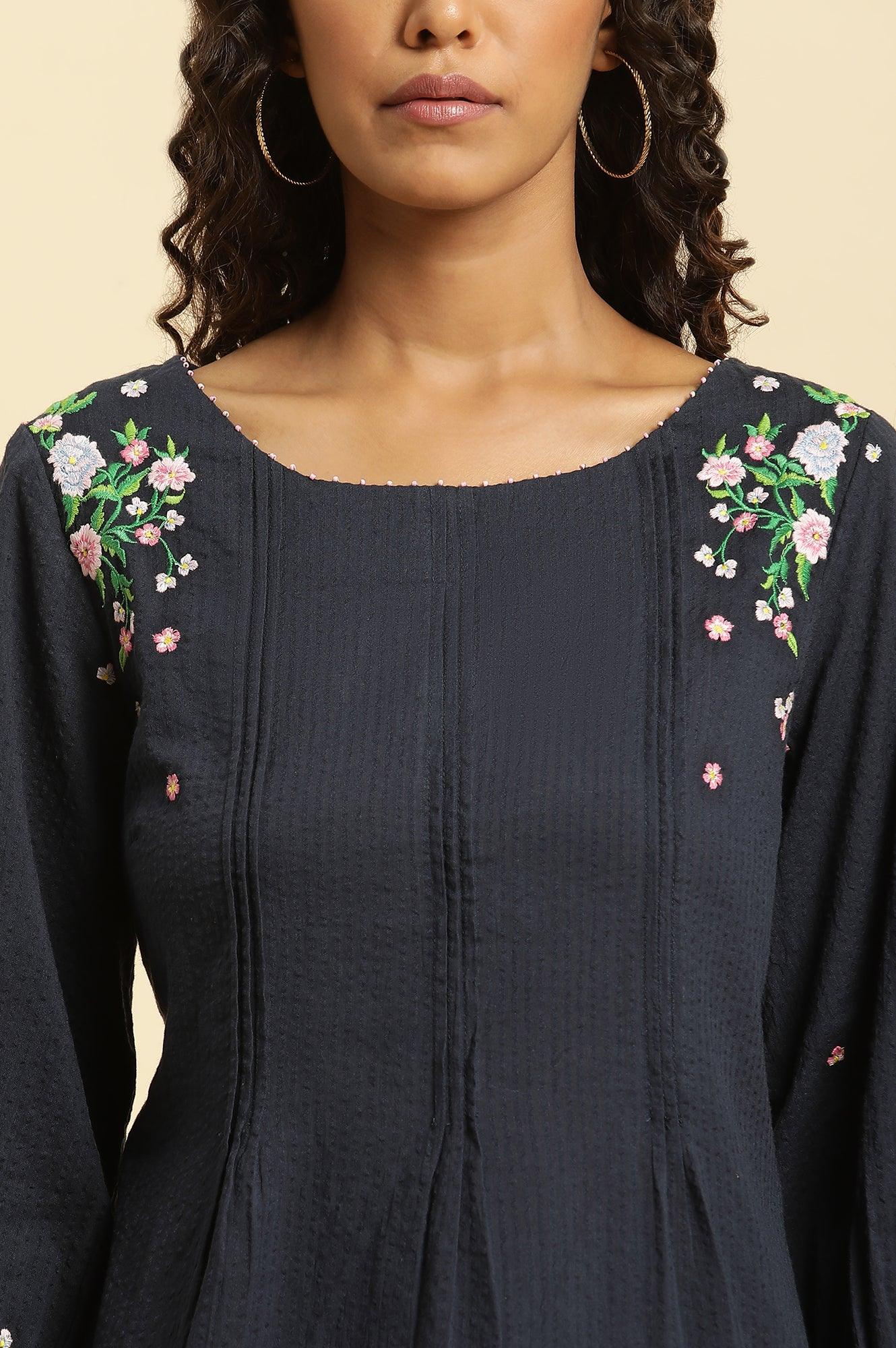 Navy Front Pleated Top With Embroidery - wforwoman