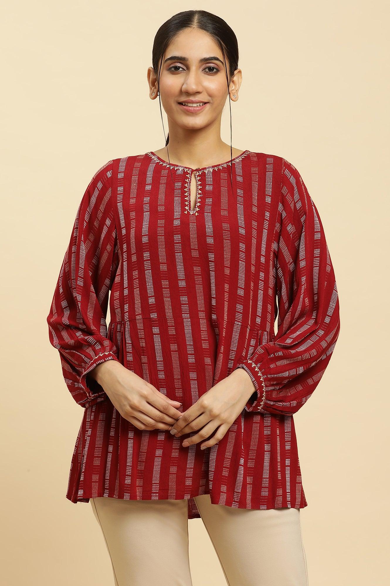 Maroon Gathered Top With Embroidery - wforwoman