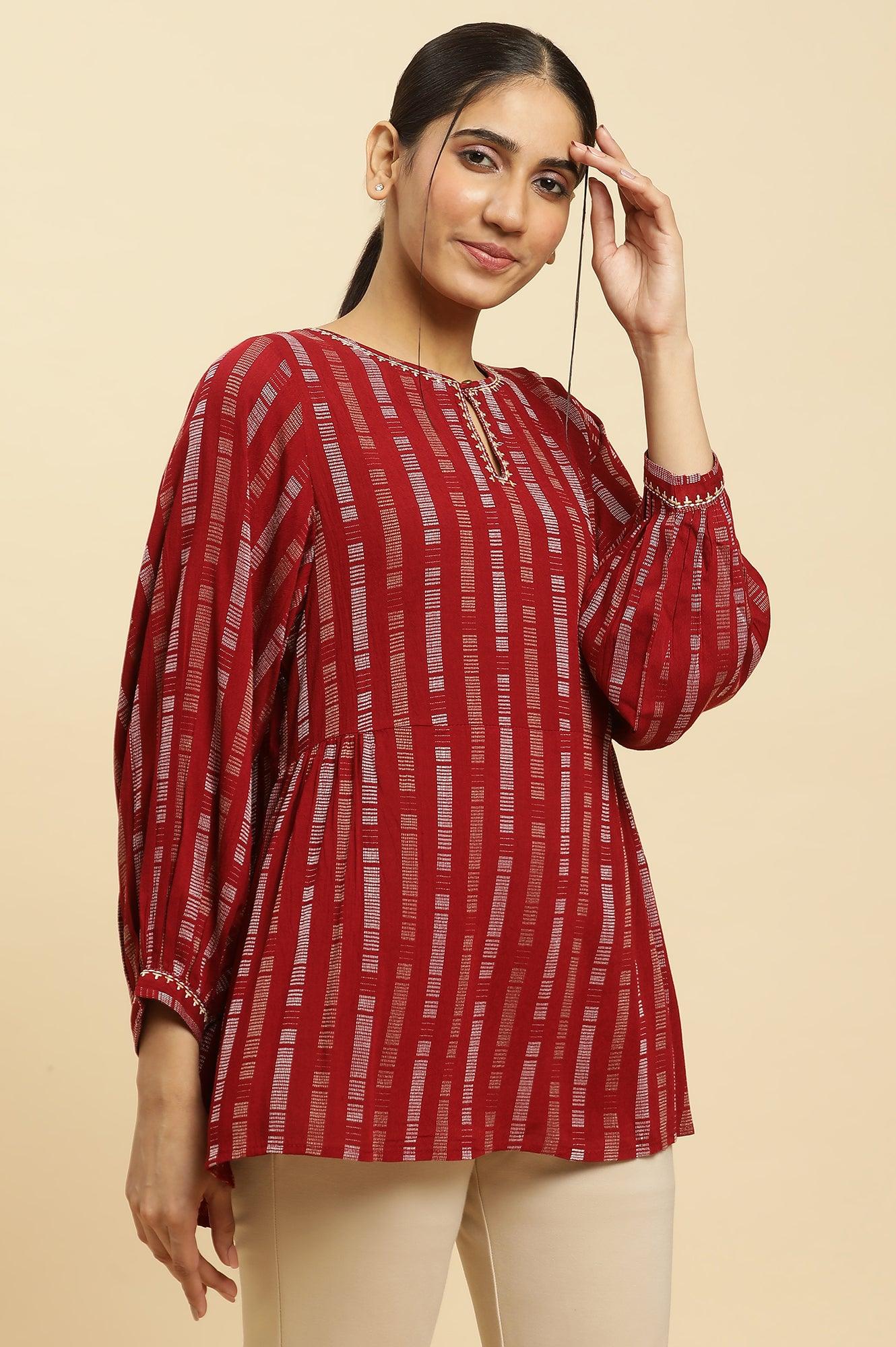 Maroon Gathered Top With Embroidery - wforwoman