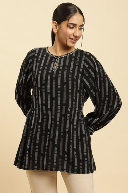 Black Gathered Top With Embroidery - wforwoman