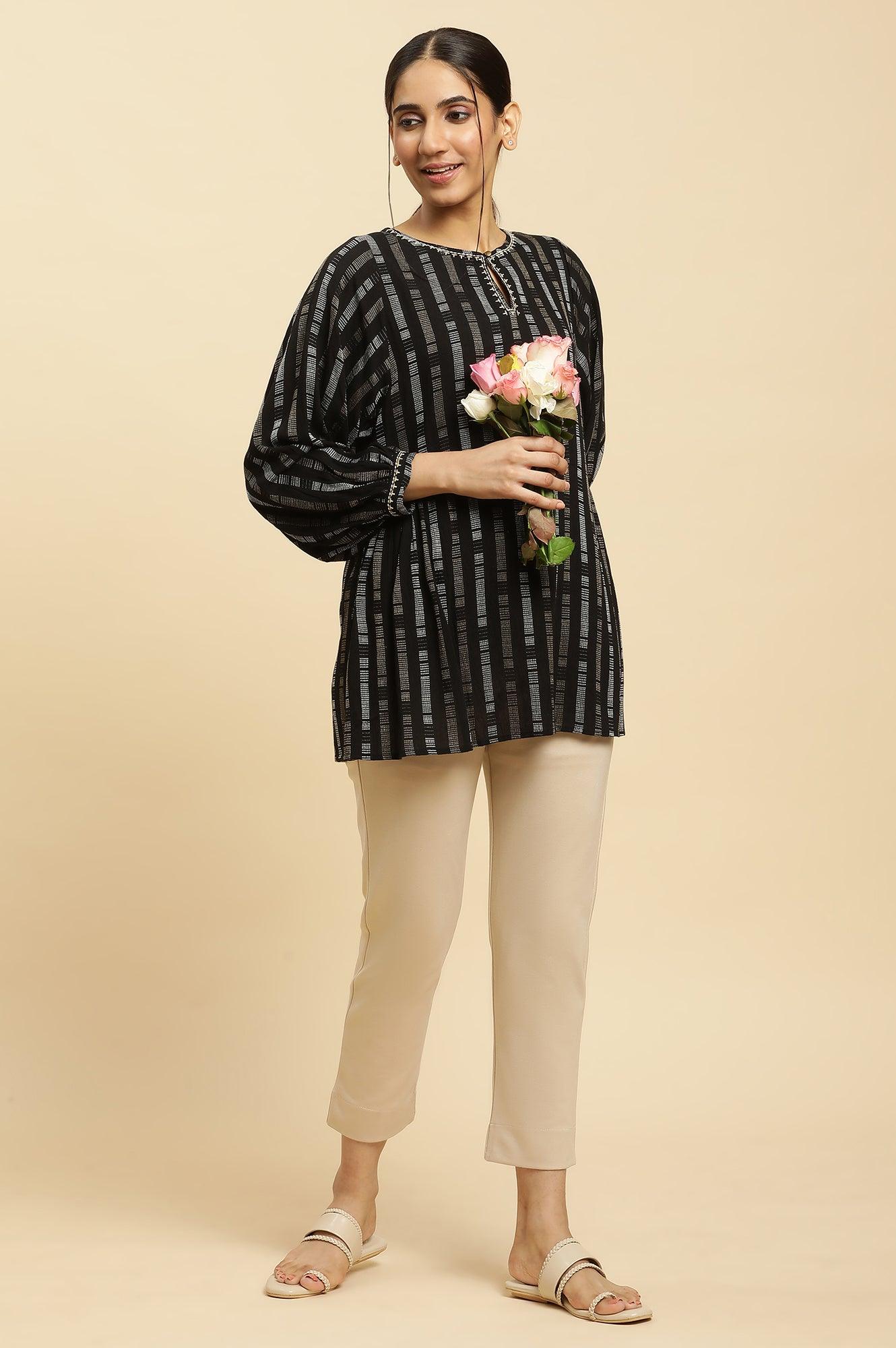 Black Gathered Top With Embroidery - wforwoman