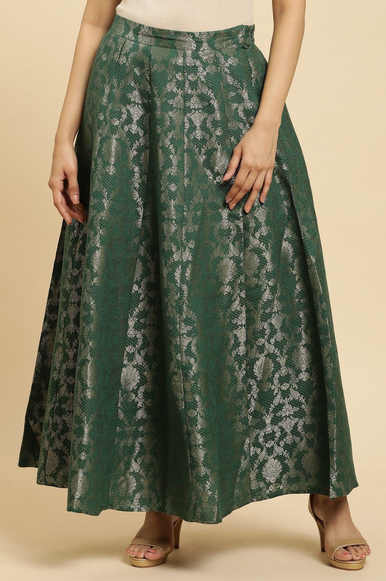 Dark Green Jacquard Flared Skirt - wforwoman