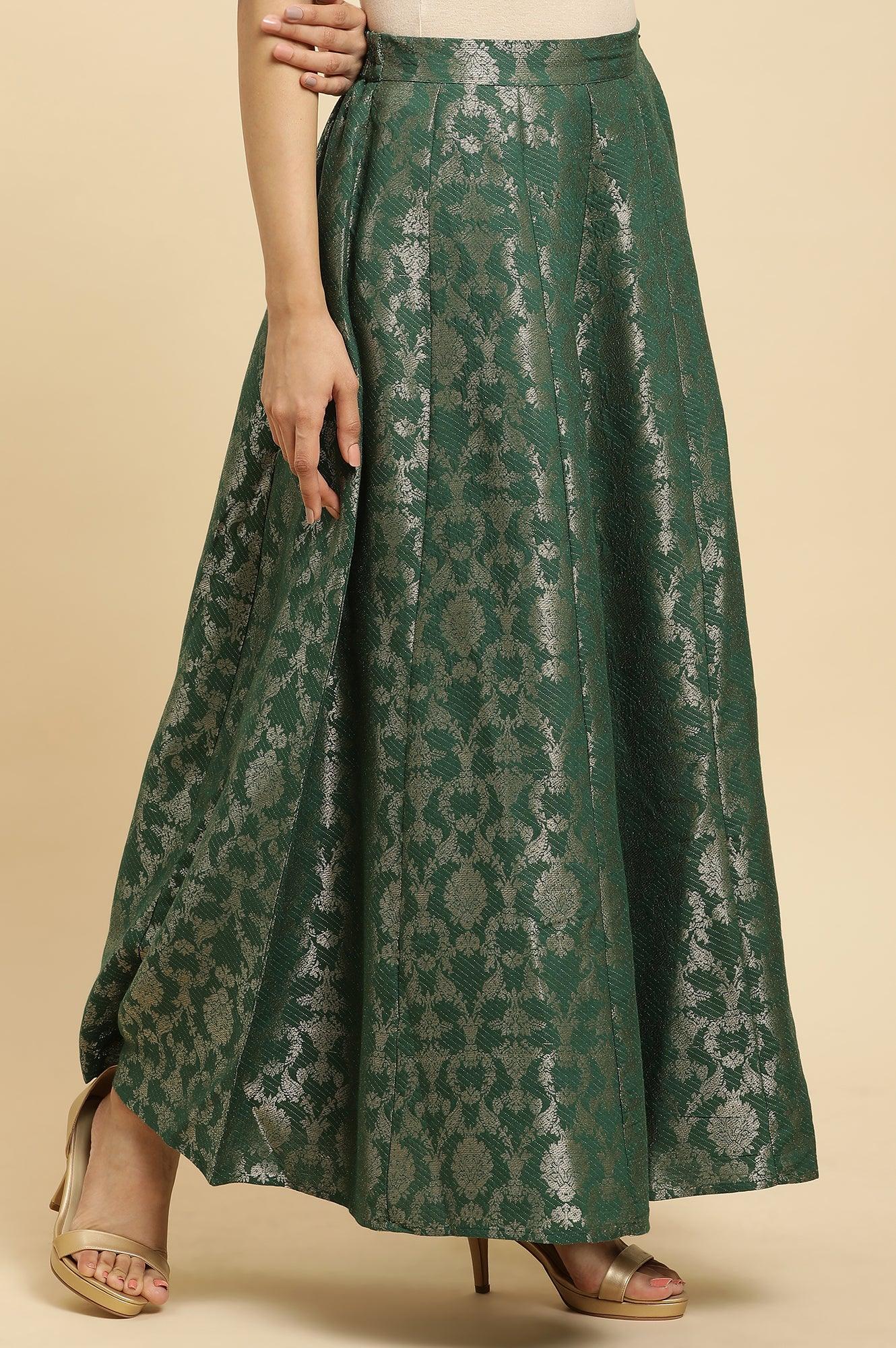 Dark Green Jacquard Flared Skirt - wforwoman