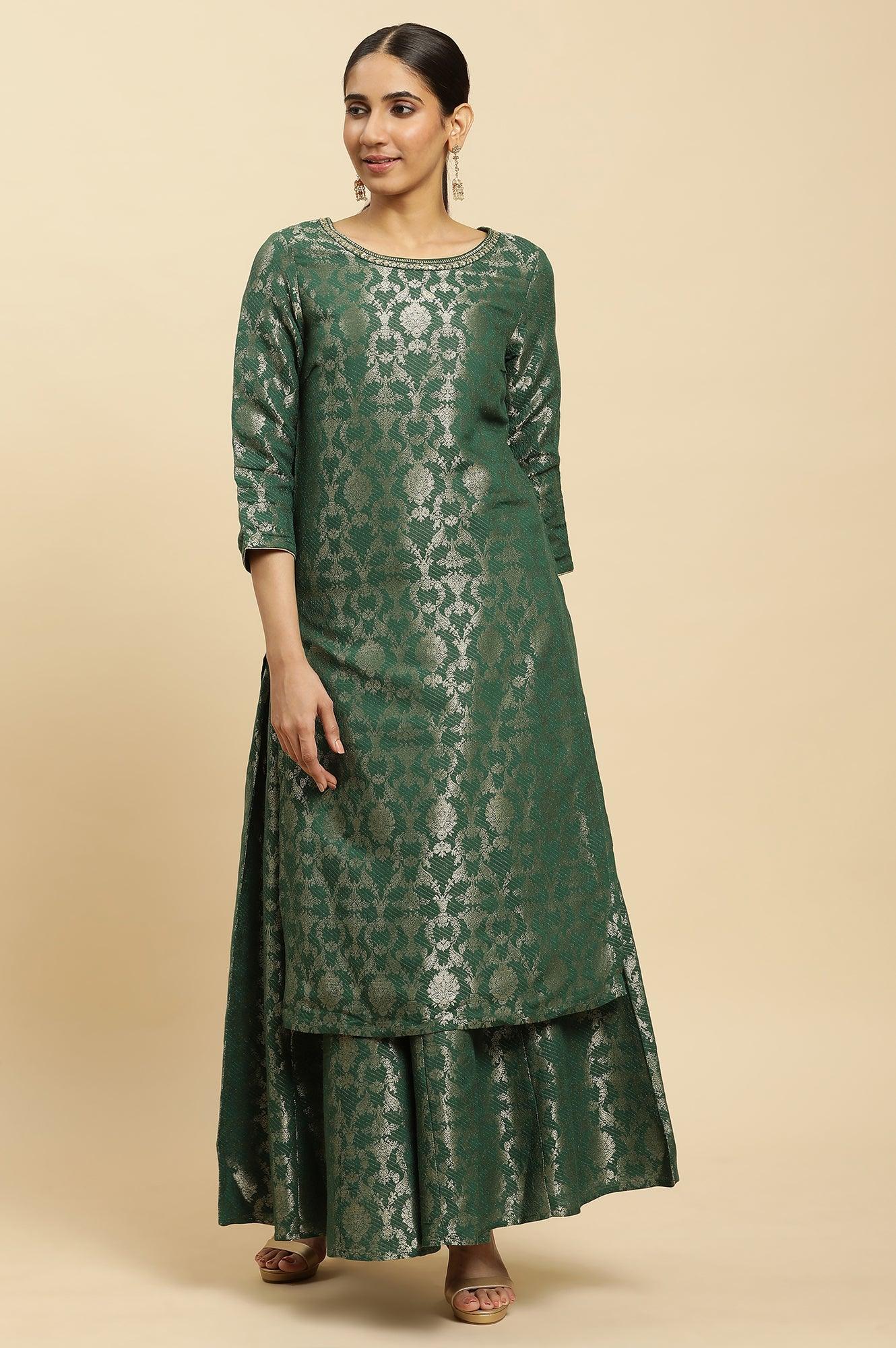 Dark Green Jacquard Flared Skirt - wforwoman