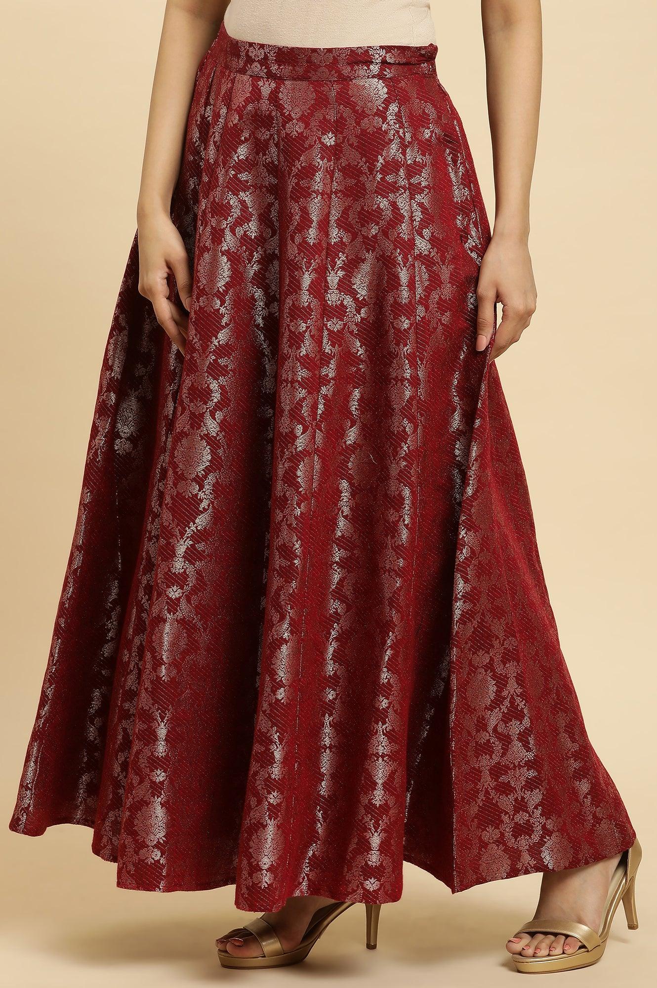 Maroon Jacquard Flared Skirt - wforwoman