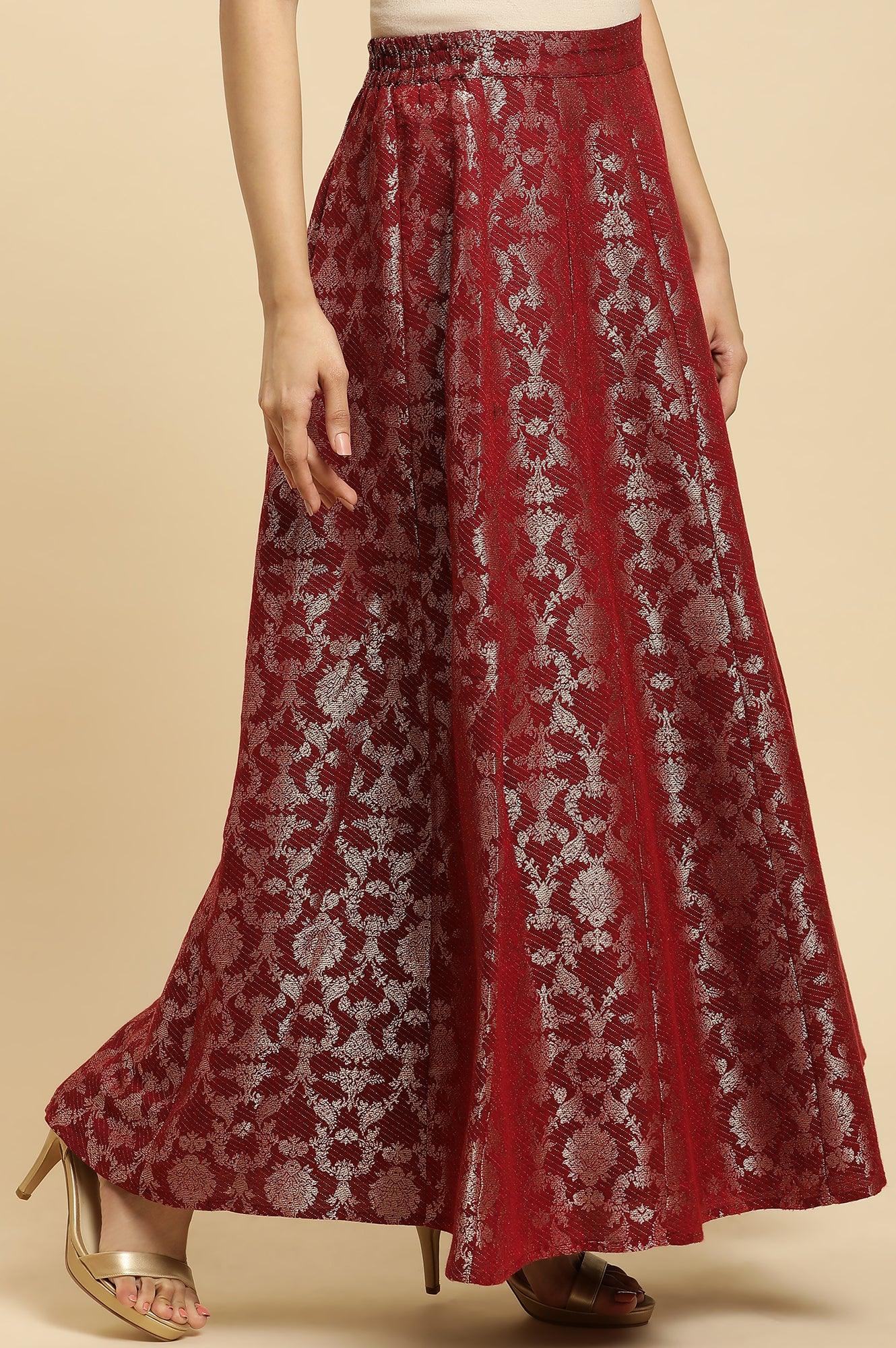 Maroon Jacquard Flared Skirt - wforwoman