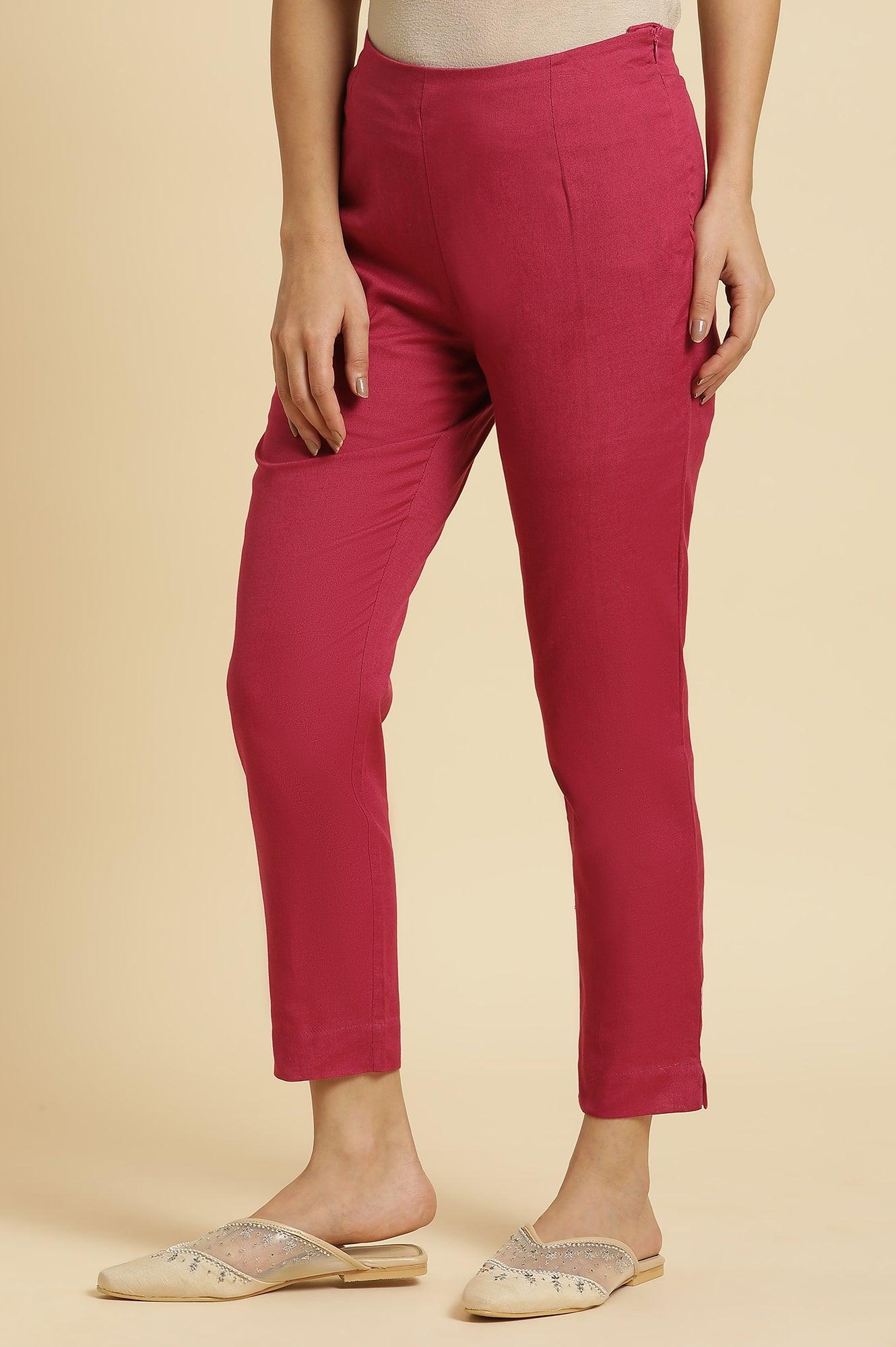 Pink Solid Cotton Flax Slim Pants - wforwoman